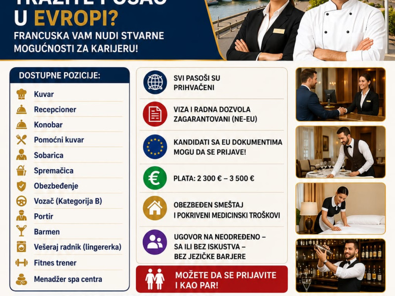 Ponuda za posao u FRANCUSKOJ u hotelskoj industriji.
